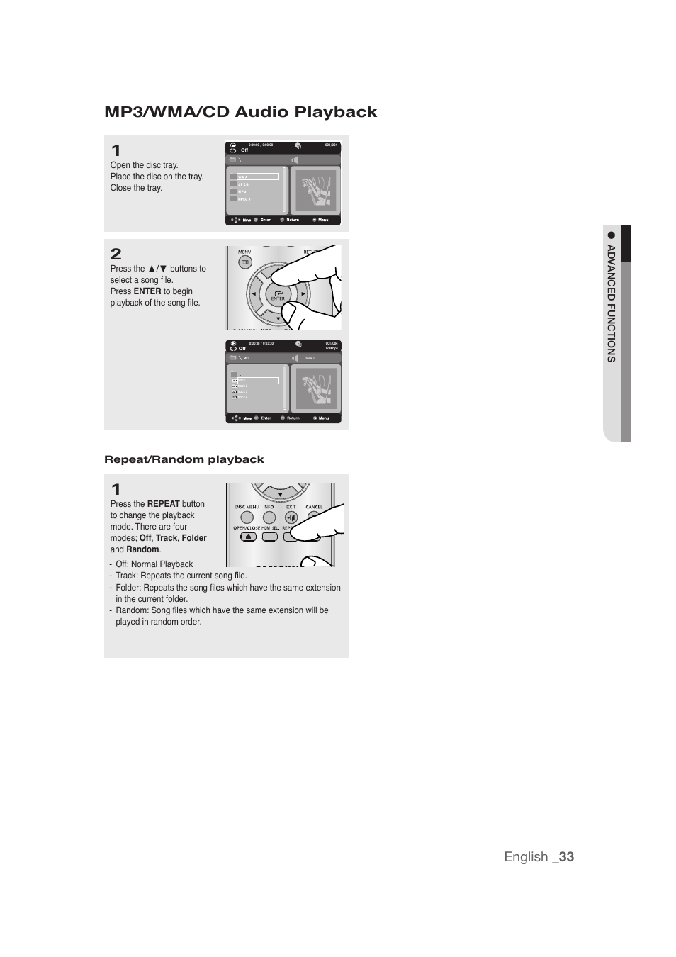 Mp3/wma/cd audio playback, English _33 | Samsung DVD-1080P9 User Manual | Page 33 / 68