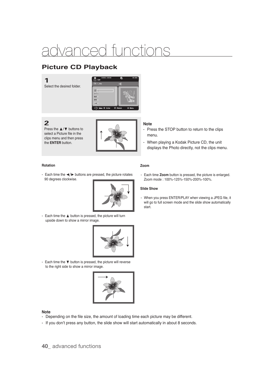 Picture cd playback, Advanced functions, 40_ advanced functions | Samsung DVD-1080P9 User Manual | Page 40 / 68