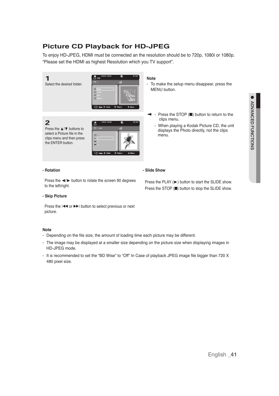 Picture cd playback for hd-jpeg, English _41 | Samsung DVD-1080P9 User Manual | Page 41 / 68