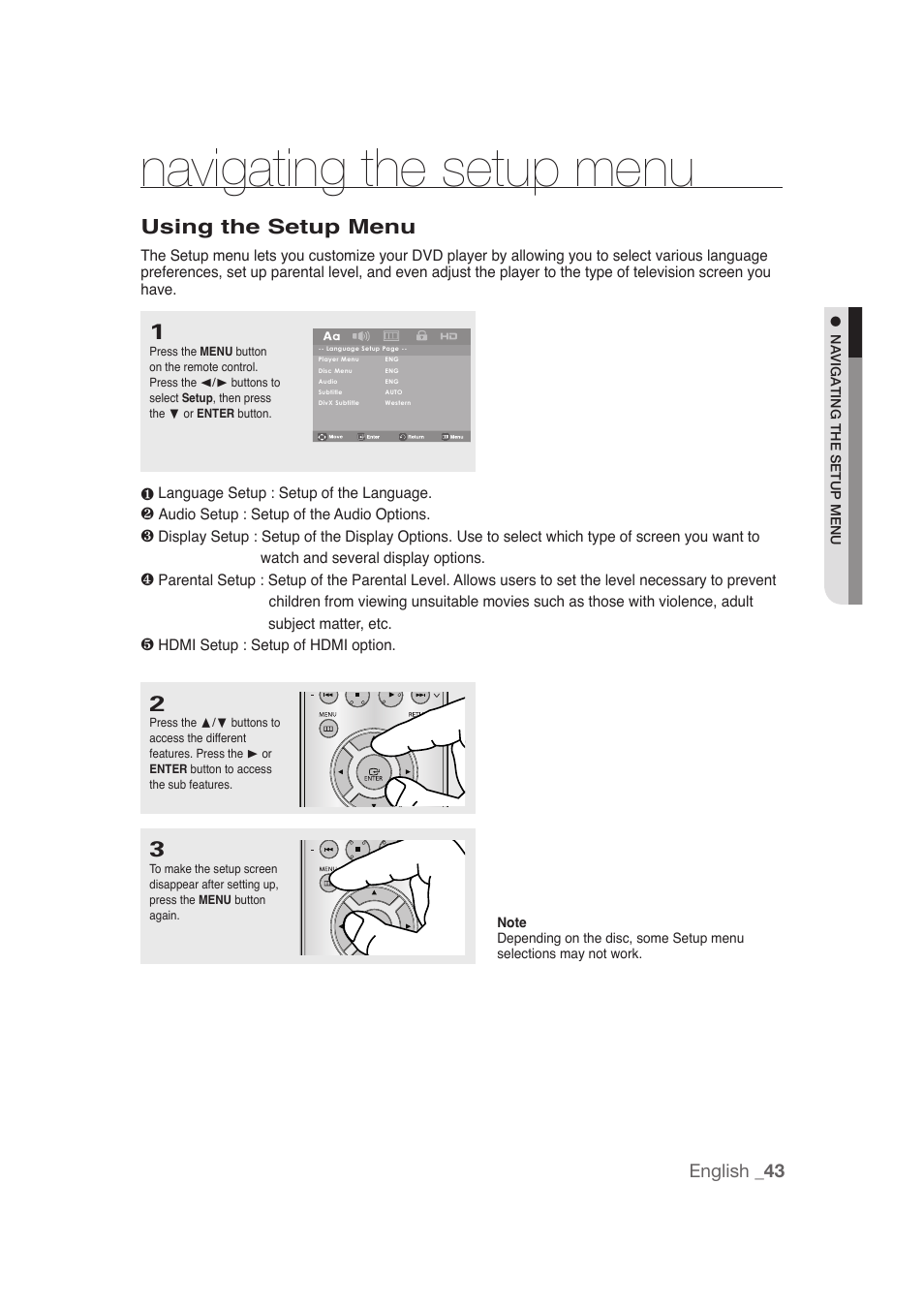 Navigating the setup menu, Using the setup menu | Samsung DVD-1080P9 User Manual | Page 43 / 68