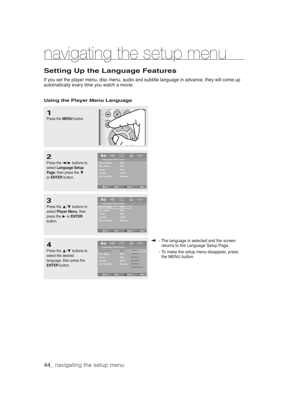 Setting up the language features, Navigating the setup menu, 44_ navigating the setup menu | Samsung DVD-1080P9 User Manual | Page 44 / 68