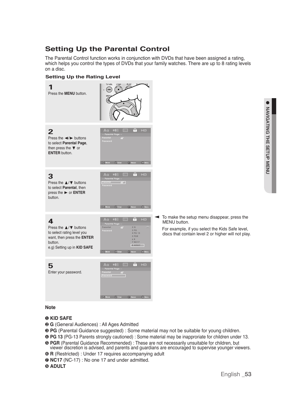 Setting up the parental control, English _53 | Samsung DVD-1080P9 User Manual | Page 53 / 68