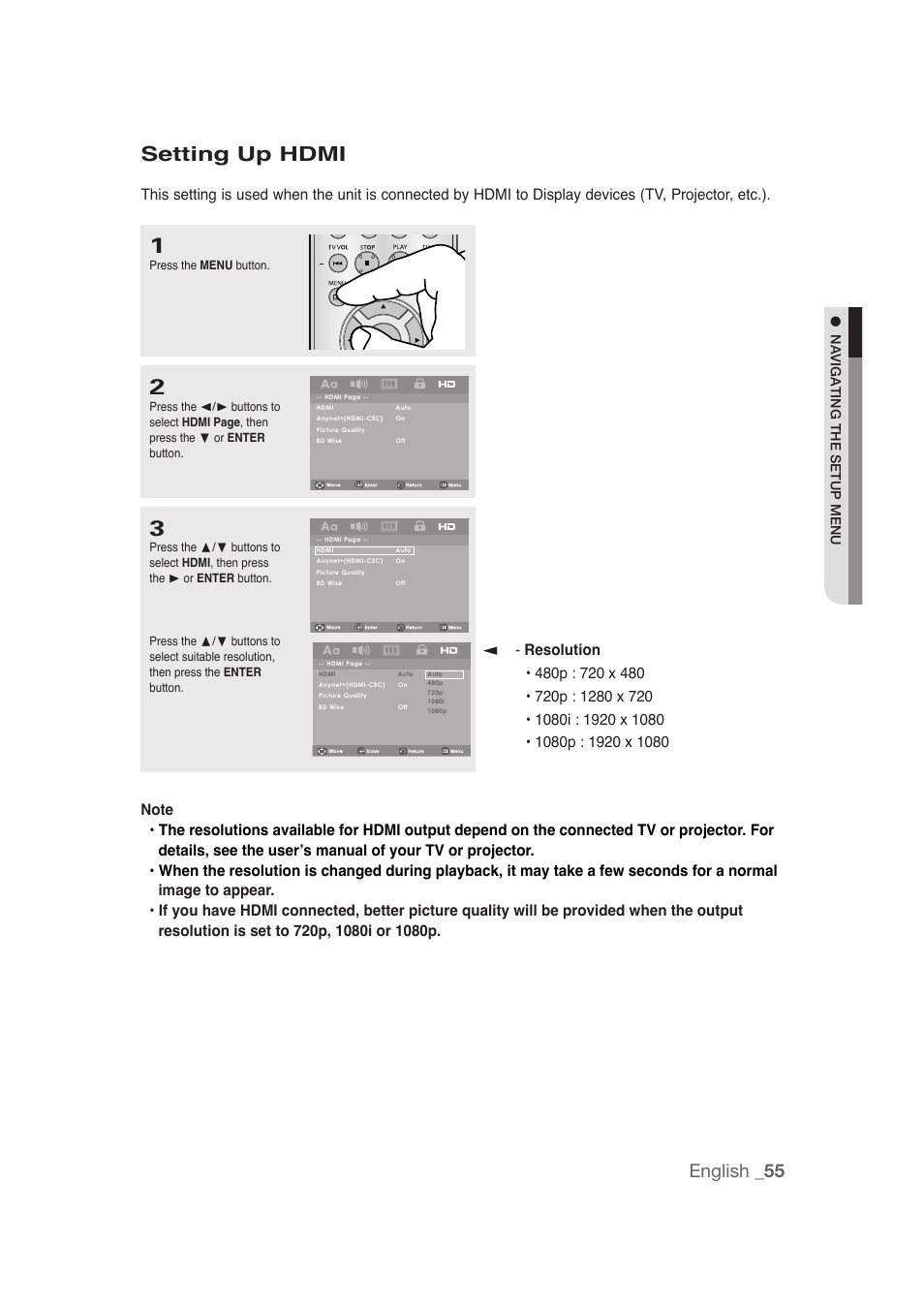 Setting up hdmi, English _55 | Samsung DVD-1080P9 User Manual | Page 55 / 68