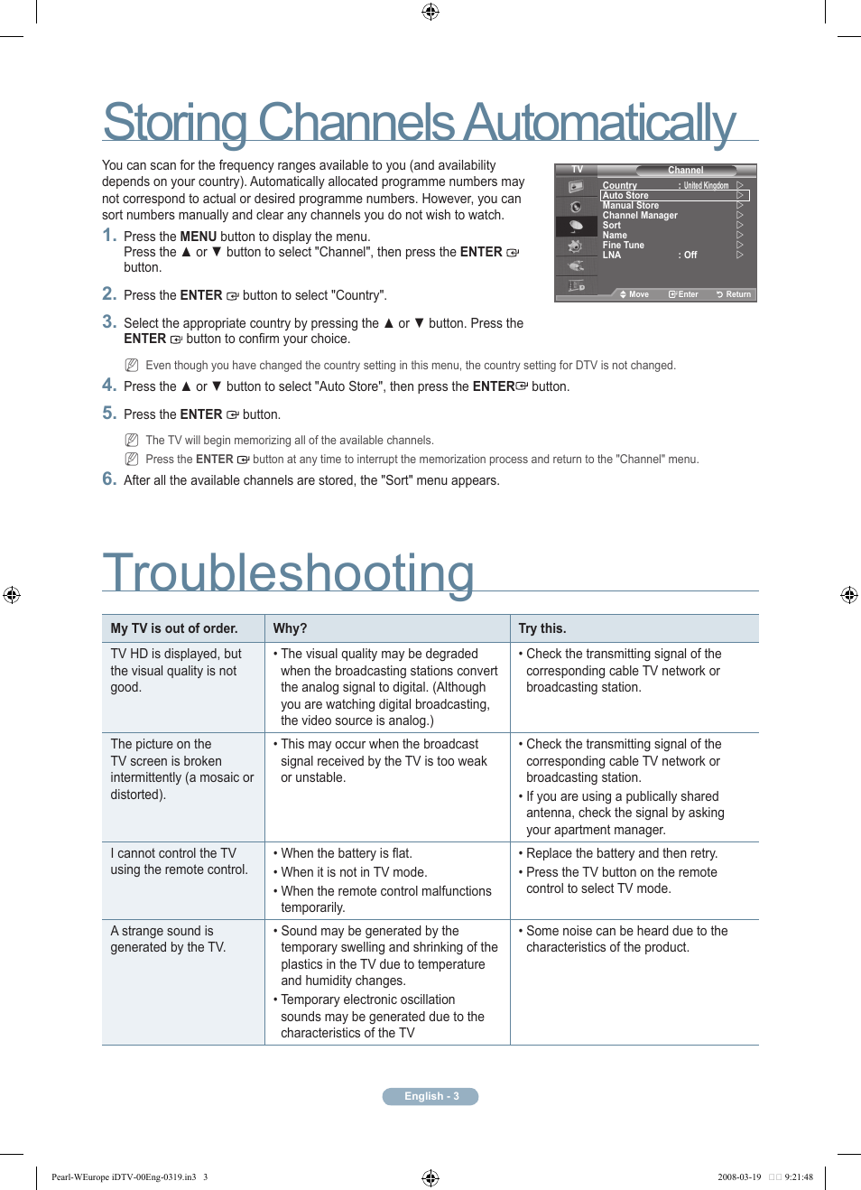 Storing channels automatically, Troubleshooting | Samsung 5 Series User Manual | Page 4 / 5