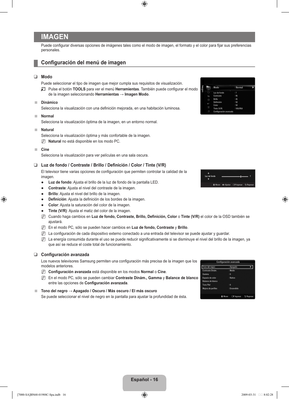 Imagen, Configuración del menú de imagen, Español | Modo, Configuración avanzada | Samsung ML 7000 User Manual | Page 114 / 181