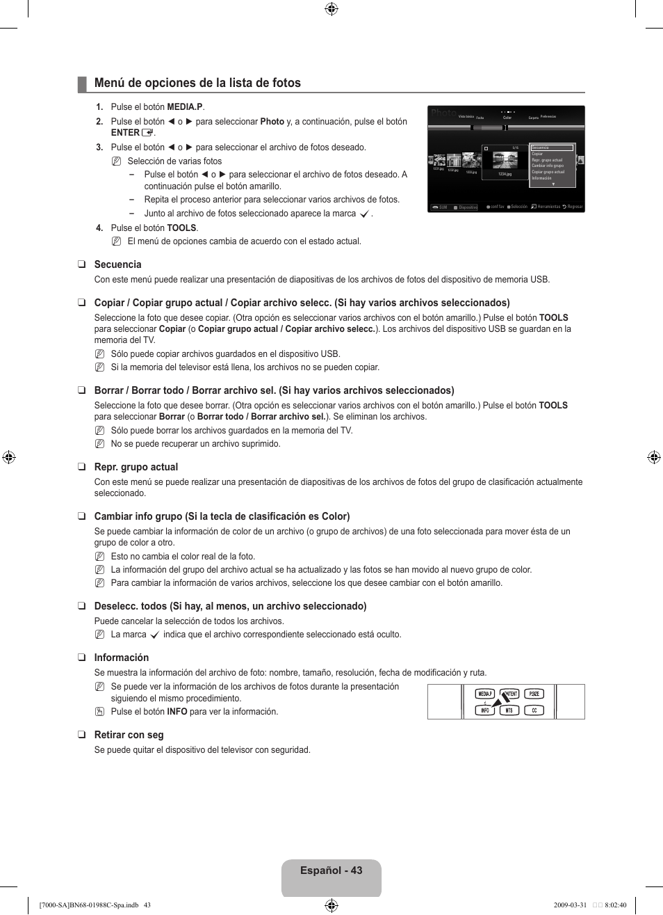 Menú de opciones de la lista de fotos, Español, Secuencia | Repr. grupo actual, Información, Retirar con seg | Samsung ML 7000 User Manual | Page 141 / 181