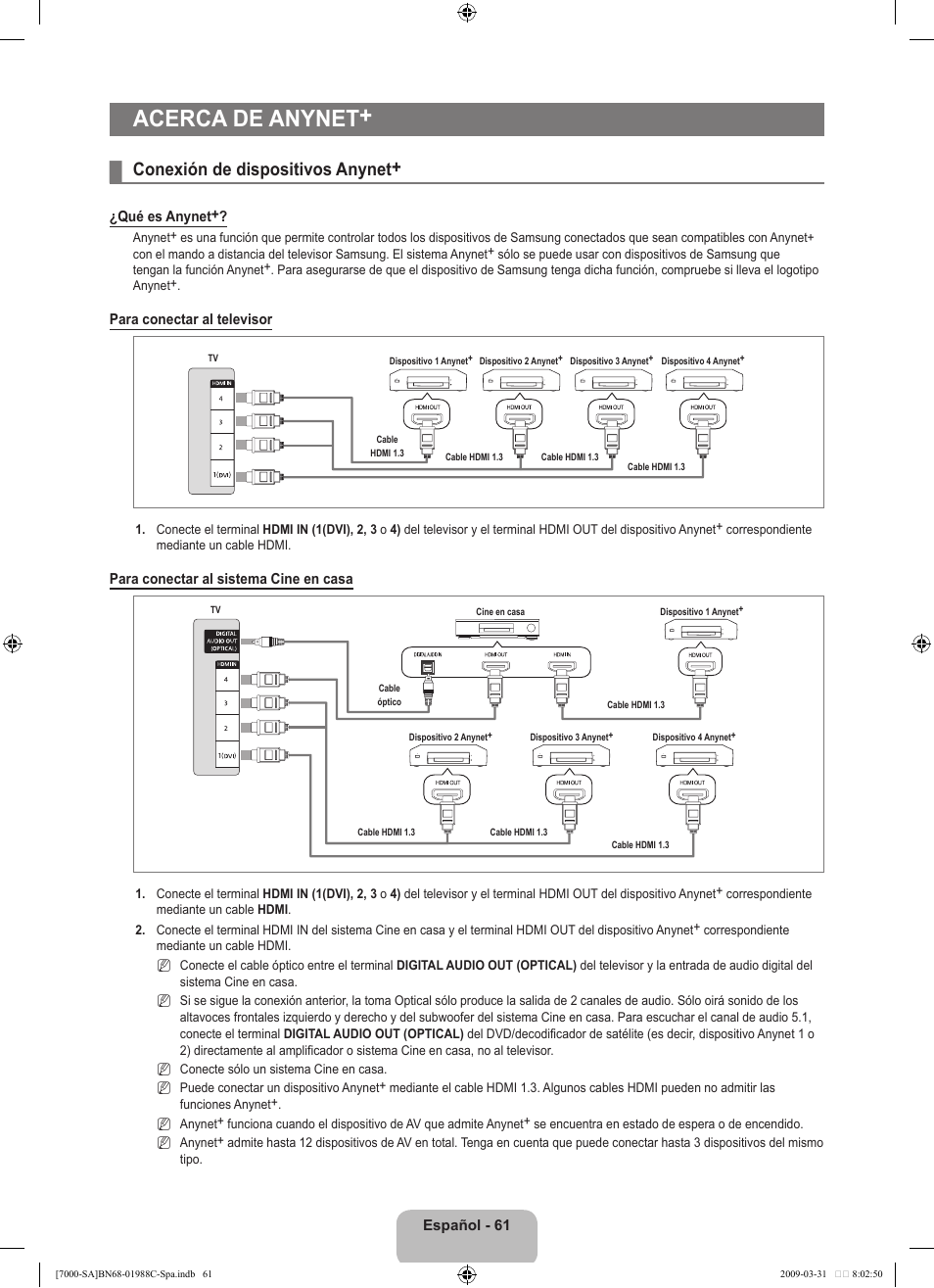 Acerca de anynet, Conexión de dispositivos anynet | Samsung ML 7000 User Manual | Page 159 / 181