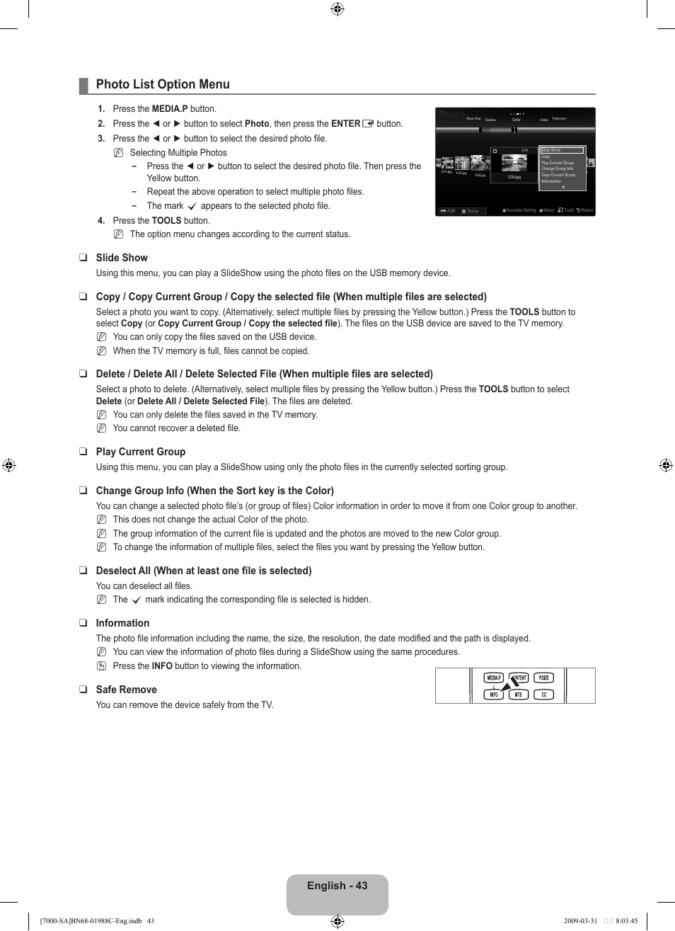 Photo list option menu, English, Slide show | Play current group, Change group info (when the sort key is the color), Deselect all (when at least one file is selected), Information, Safe remove | Samsung ML 7000 User Manual | Page 45 / 181