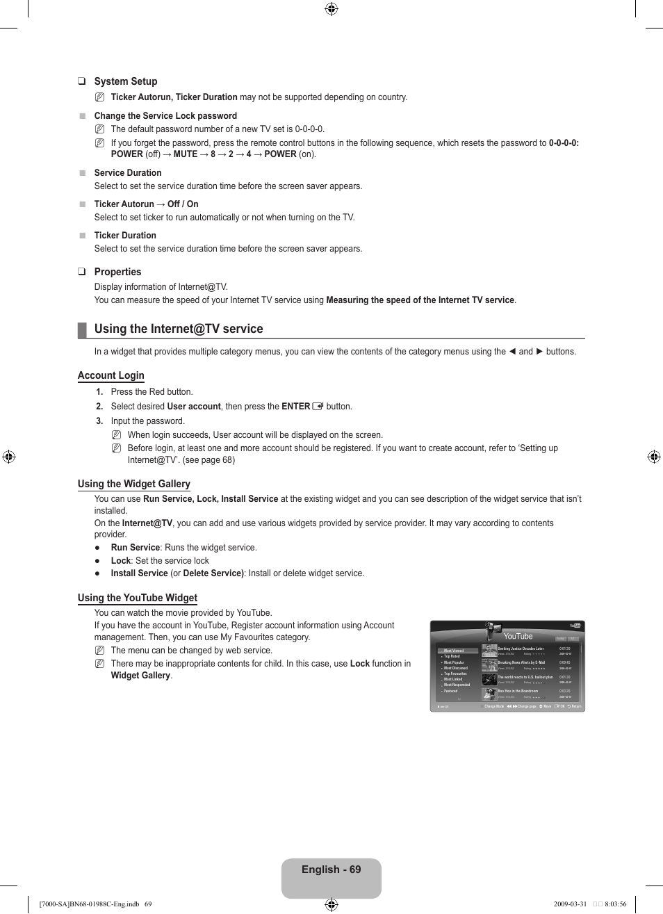 Using the internet@tv service, English - 9 system setup, Properties | Account login, Using the widget gallery, Using the youtube widget | Samsung ML 7000 User Manual | Page 71 / 181