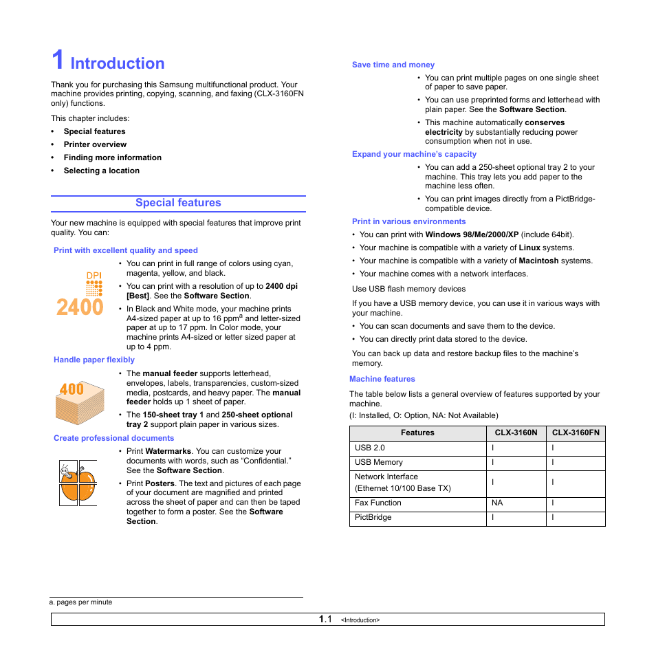 Introduction, Special features | Samsung CLX-3160 User Manual | Page 11 / 139