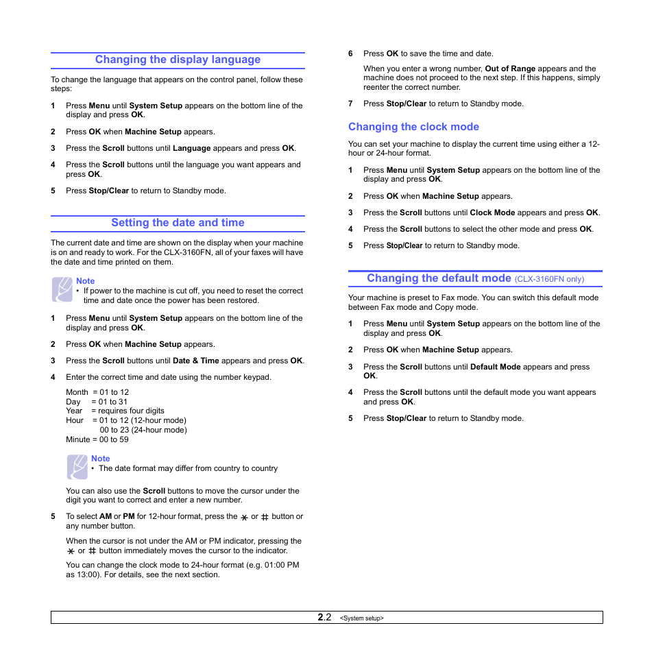 Changing the display language, Setting the date and time, Changing the clock mode | Changing the default mode (clx-3160fn only), Changing the default mode | Samsung CLX-3160 User Manual | Page 18 / 139