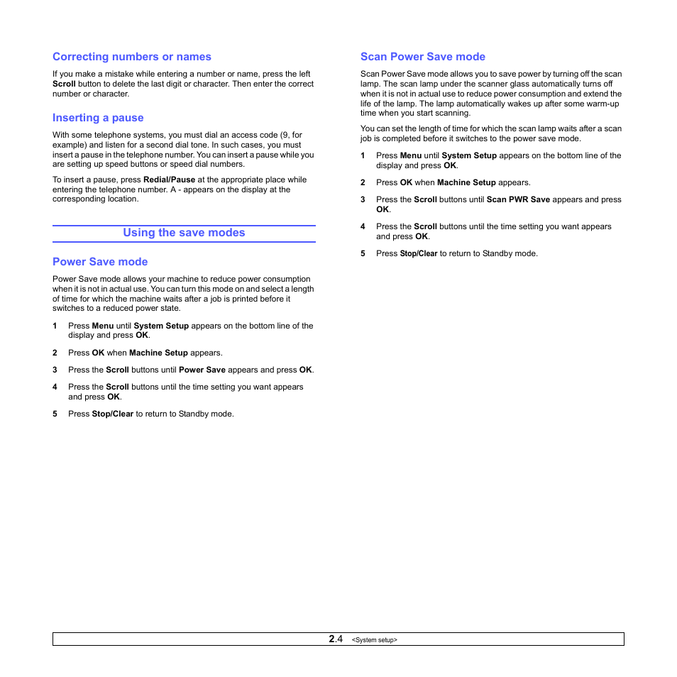 Correcting numbers or names, Inserting a pause, Using the save modes | Power save mode, Scan power save mode | Samsung CLX-3160 User Manual | Page 20 / 139