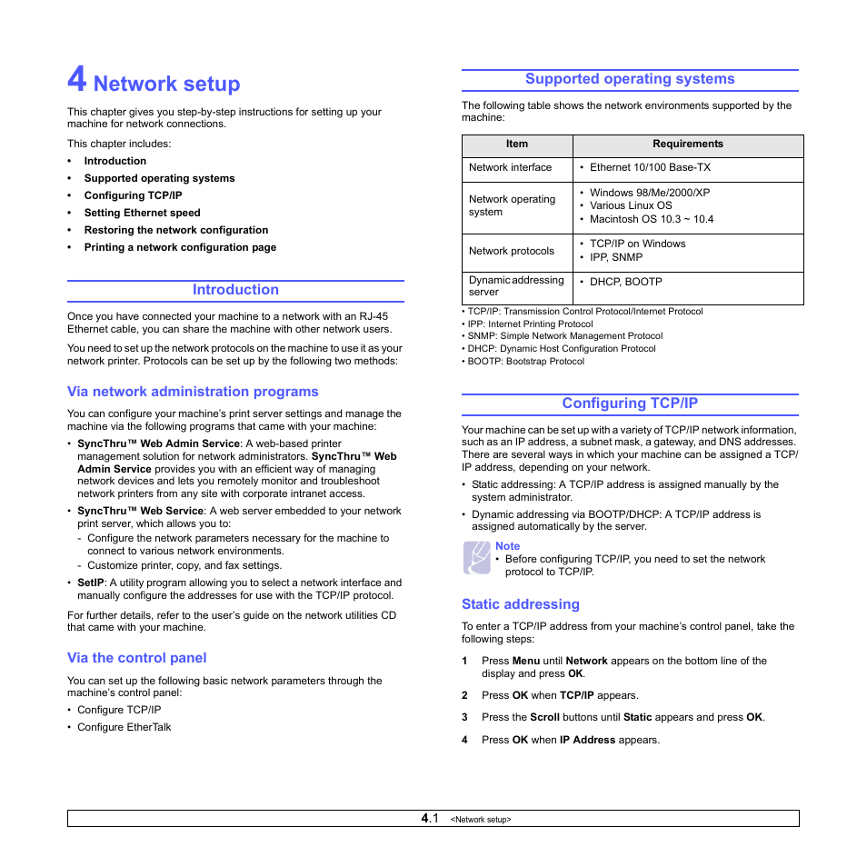 Network setup, Introduction, Via network administration programs | Via the control panel, Supported operating systems, Configuring tcp/ip, Static addressing | Samsung CLX-3160 User Manual | Page 23 / 139