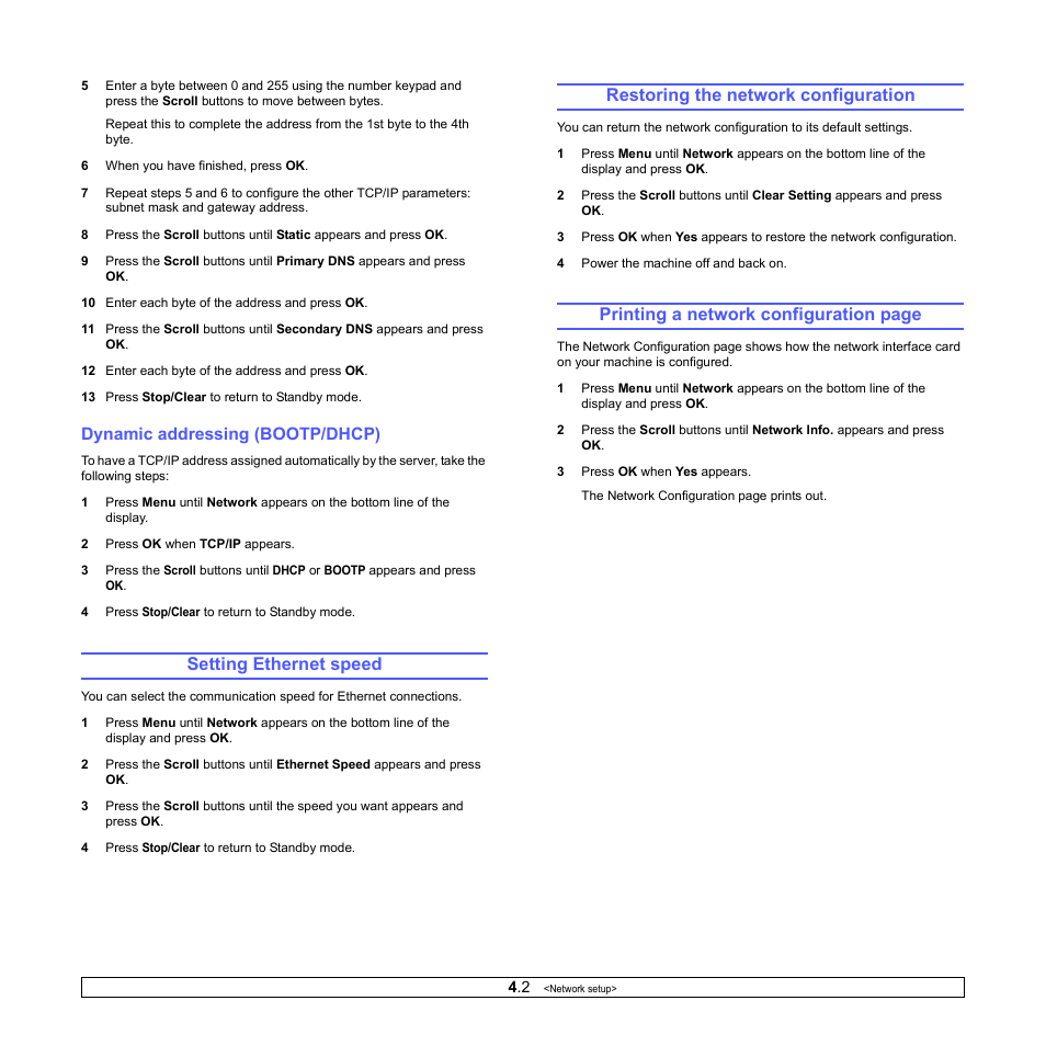 Dynamic addressing (bootp/dhcp), Setting ethernet speed, Restoring the network configuration | Printing a network configuration page | Samsung CLX-3160 User Manual | Page 24 / 139