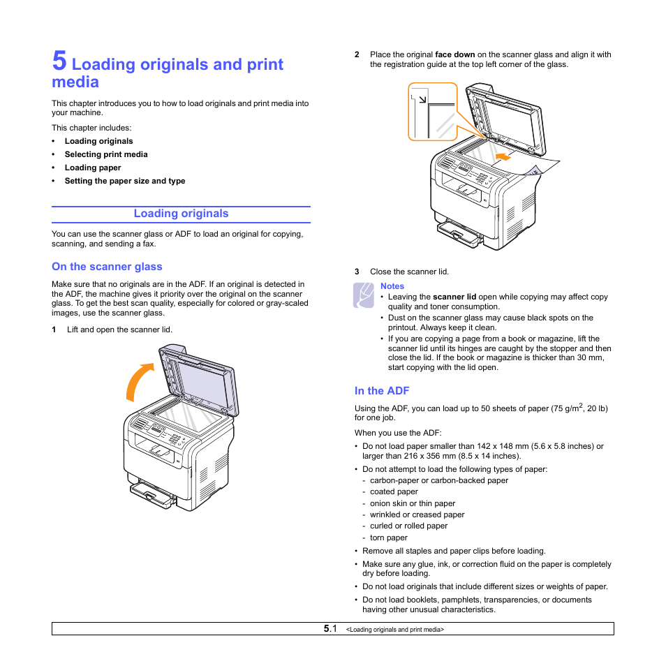 Loading originals and print media, Loading originals, On the scanner glass | In the adf | Samsung CLX-3160 User Manual | Page 25 / 139