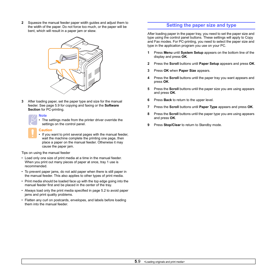 Setting the paper size and type | Samsung CLX-3160 User Manual | Page 33 / 139