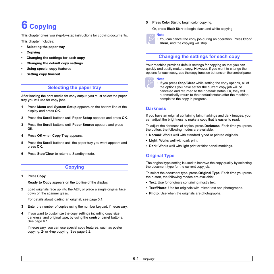Copying, Selecting the paper tray, Changing the settings for each copy | Darkness, Original type | Samsung CLX-3160 User Manual | Page 34 / 139