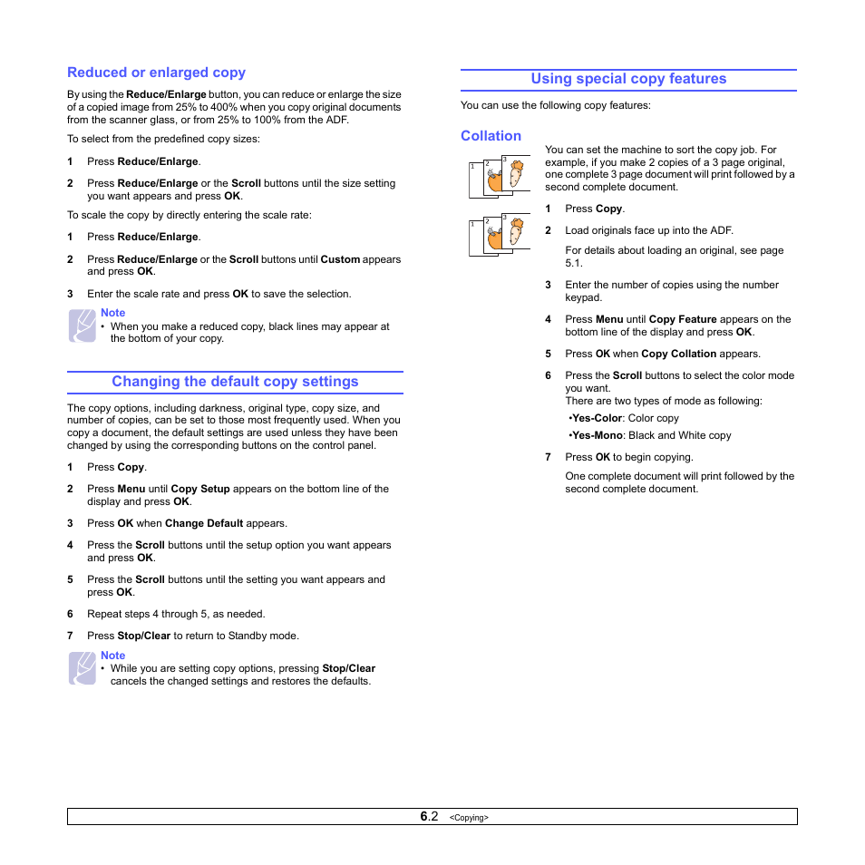 Reduced or enlarged copy, Changing the default copy settings, Using special copy features | Collation, Ge 6.2 | Samsung CLX-3160 User Manual | Page 35 / 139