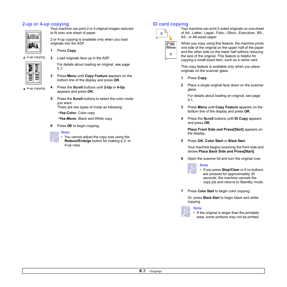 Up or 4-up copying, Id card copying | Samsung CLX-3160 User Manual | Page 36 / 139