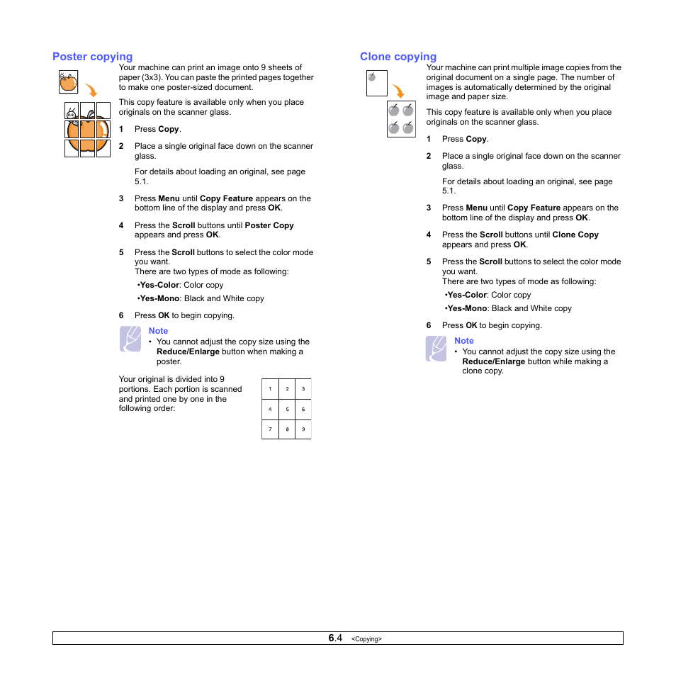 Poster copying, Clone copying | Samsung CLX-3160 User Manual | Page 37 / 139
