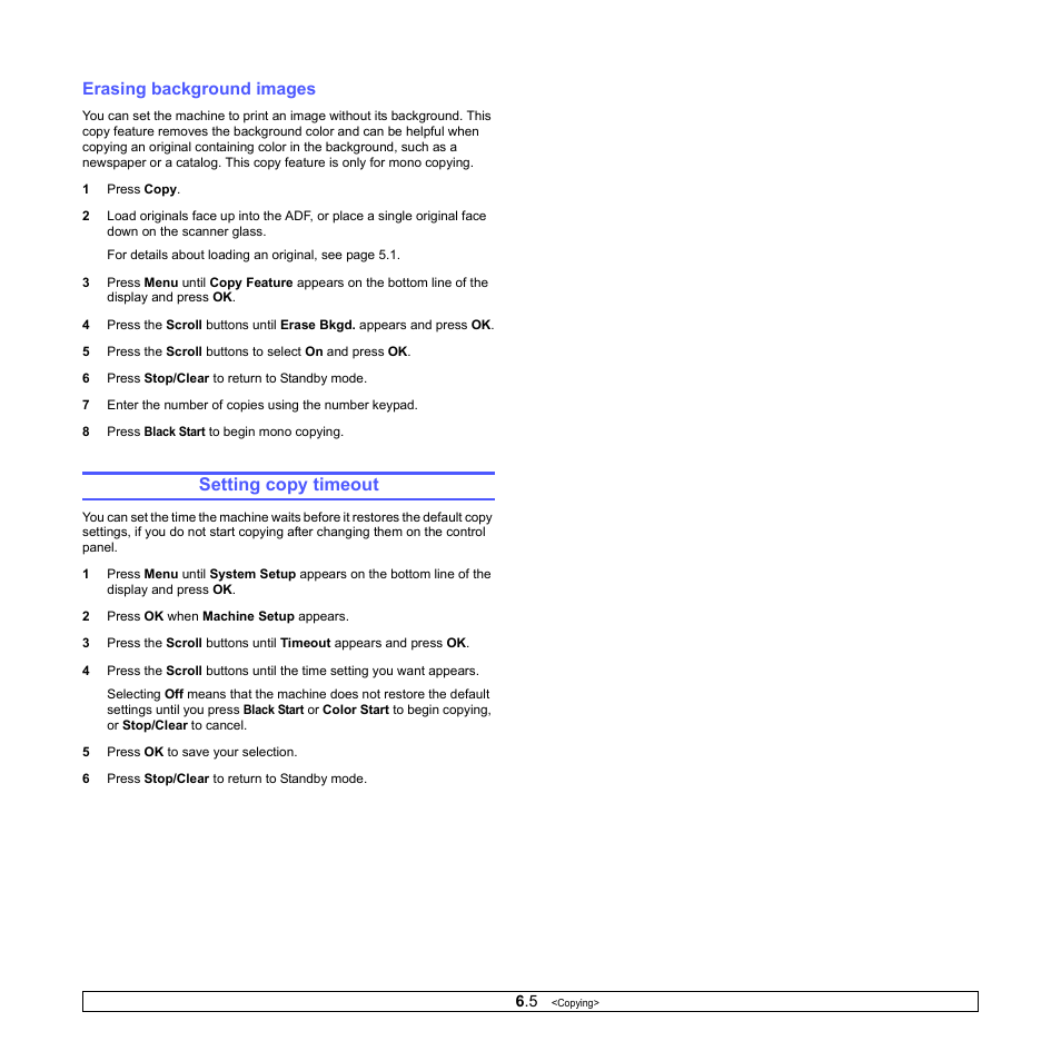 Erasing background images, Setting copy timeout | Samsung CLX-3160 User Manual | Page 38 / 139