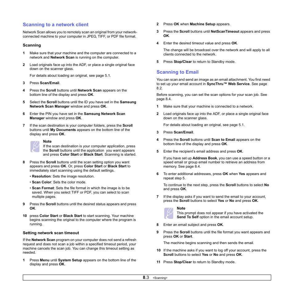 Scanning to a network client, Scanning to email | Samsung CLX-3160 User Manual | Page 42 / 139