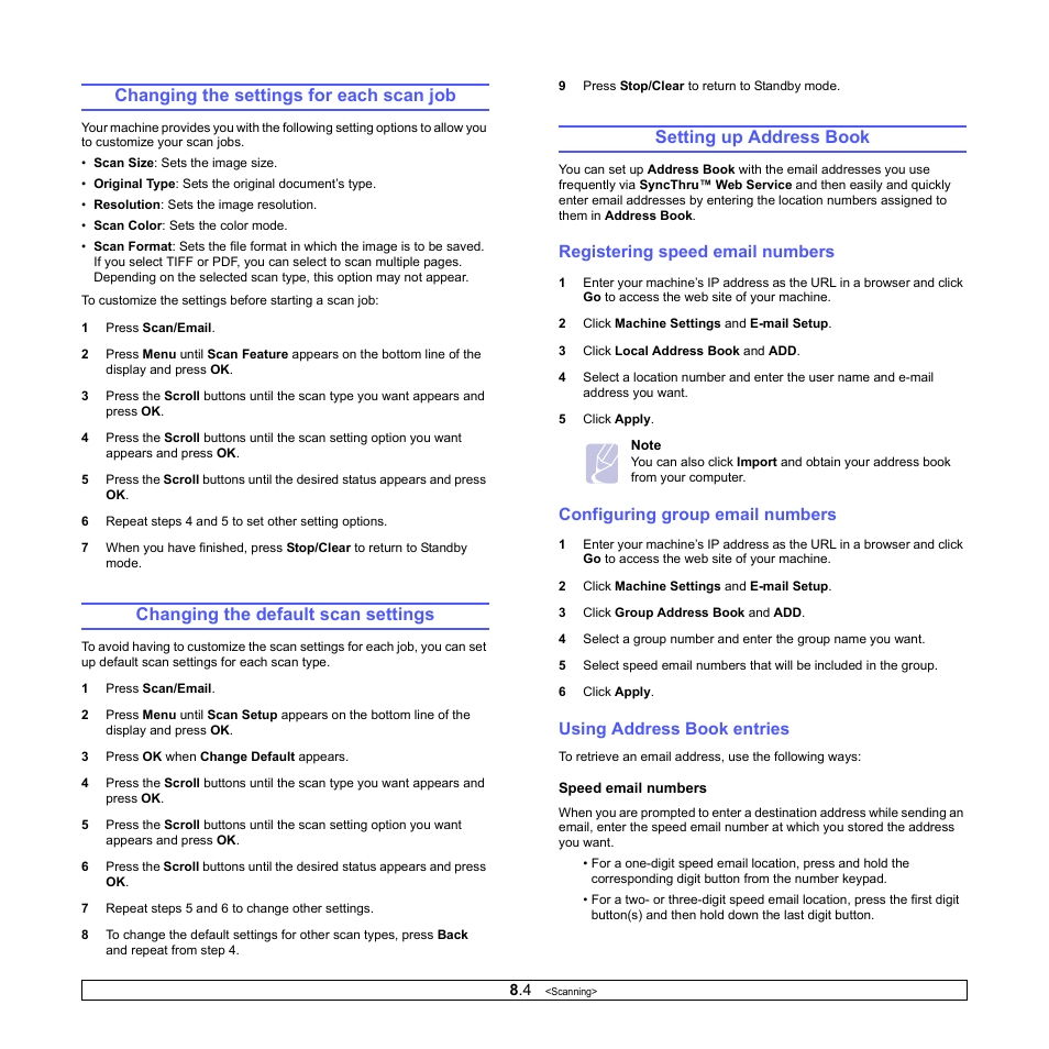 Changing the settings for each scan job, Changing the default scan settings, Setting up address book | Registering speed email numbers, Configuring group email numbers, Using address book entries, Ge 8.4 | Samsung CLX-3160 User Manual | Page 43 / 139