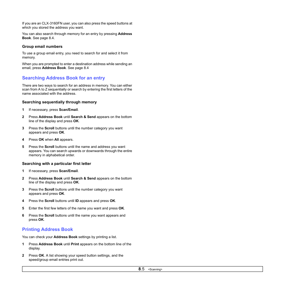 Searching address book for an entry, Printing address book | Samsung CLX-3160 User Manual | Page 44 / 139