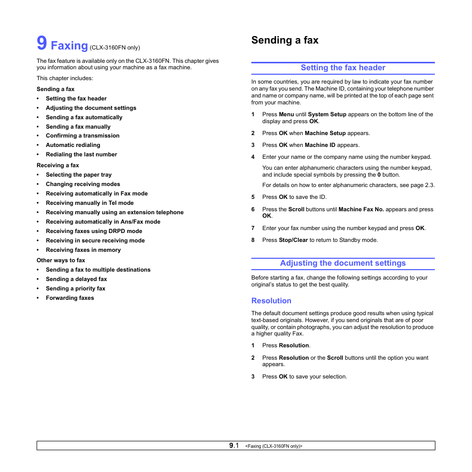 Faxing (clx-3160fn only), Sending a fax, Setting the fax header | Adjusting the document settings, Resolution, Faxing | Samsung CLX-3160 User Manual | Page 45 / 139