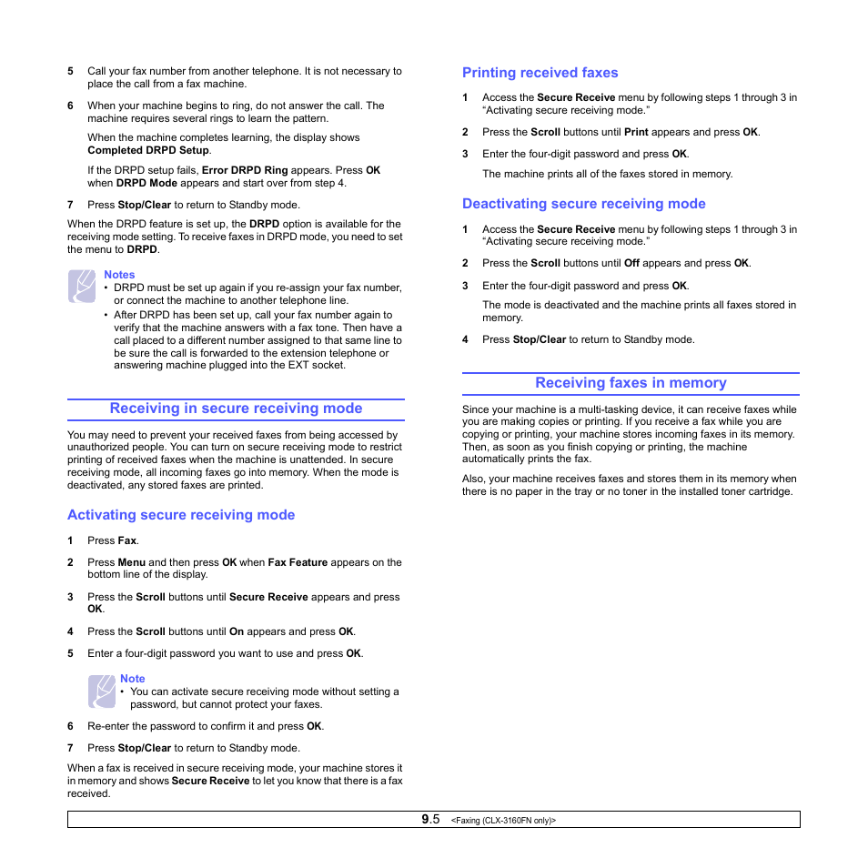 Receiving in secure receiving mode, Activating secure receiving mode, Printing received faxes | Deactivating secure receiving mode, Receiving faxes in memory | Samsung CLX-3160 User Manual | Page 49 / 139
