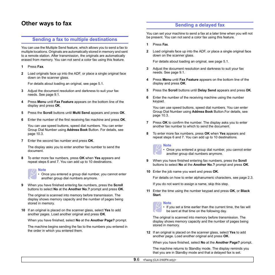 Other ways to fax, Sending a fax to multiple destinations, Sending a delayed fax | Samsung CLX-3160 User Manual | Page 50 / 139