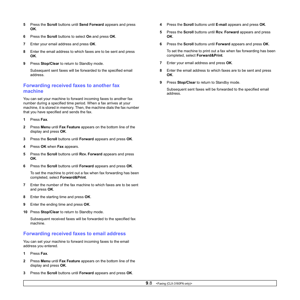 Forwarding received faxes to another fax machine, Forwarding received faxes to email address | Samsung CLX-3160 User Manual | Page 52 / 139