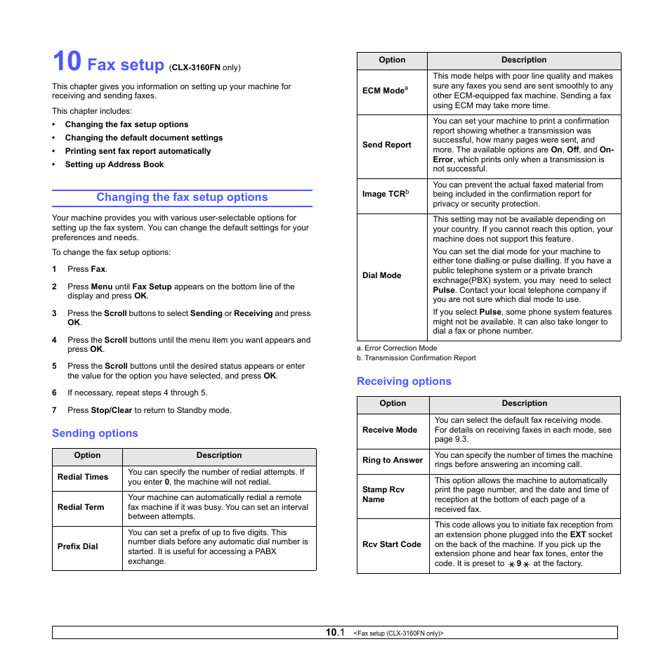 Fax setup (clx-3160fn only), Changing the fax setup options, Sending options | Receiving options, Fax setup (clx-316, E 10.1, Ge 10.1, Fax setup | Samsung CLX-3160 User Manual | Page 53 / 139