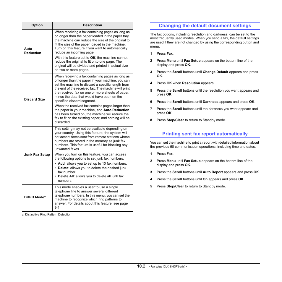 Changing the default document settings, Printing sent fax report automatically | Samsung CLX-3160 User Manual | Page 54 / 139