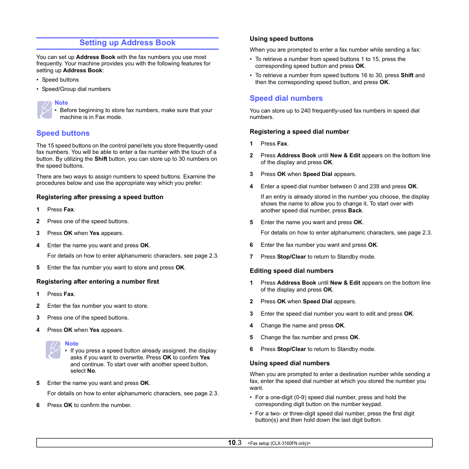 Setting up address book, Speed buttons, Speed dial numbers | E 10.3 | Samsung CLX-3160 User Manual | Page 55 / 139