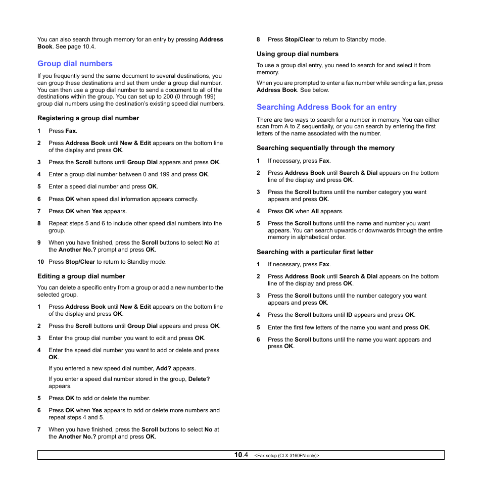 Group dial numbers, Searching address book for an entry | Samsung CLX-3160 User Manual | Page 56 / 139