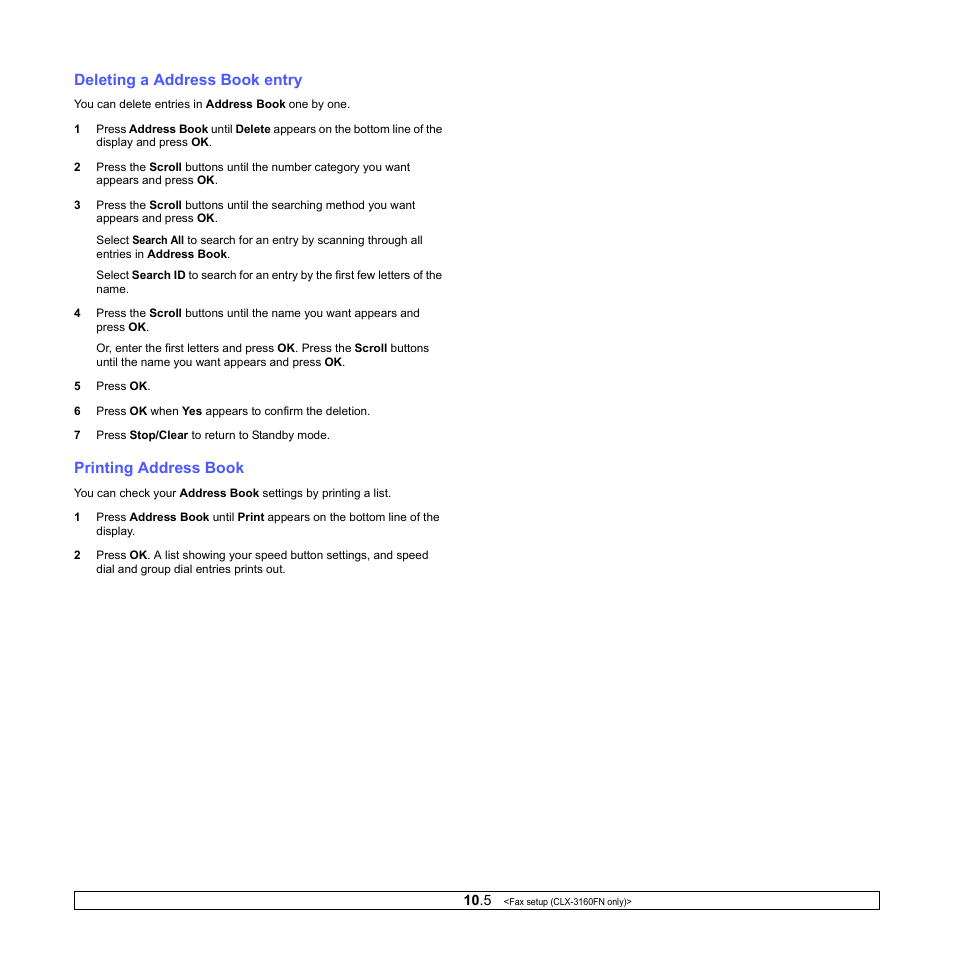 Deleting a address book entry, Printing address book | Samsung CLX-3160 User Manual | Page 57 / 139