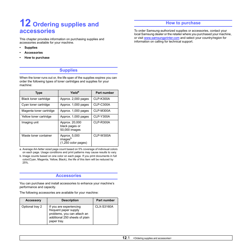 Ordering supplies and accessories, Supplies, Accessories | How to purchase, Supplies accessories how to purchase | Samsung CLX-3160 User Manual | Page 62 / 139