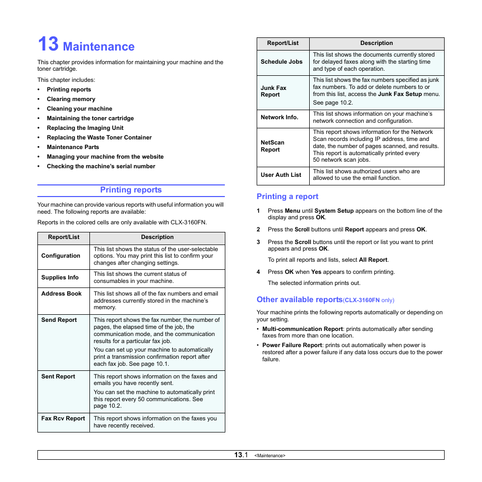 Maintenance, Printing reports, Printing a report | Other available reports(clx-3160fn only) | Samsung CLX-3160 User Manual | Page 63 / 139