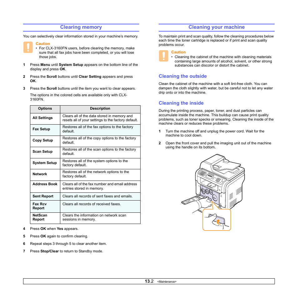 Clearing memory, Cleaning your machine, Cleaning the outside | Cleaning the inside, Clearing memory cleaning your machine | Samsung CLX-3160 User Manual | Page 64 / 139