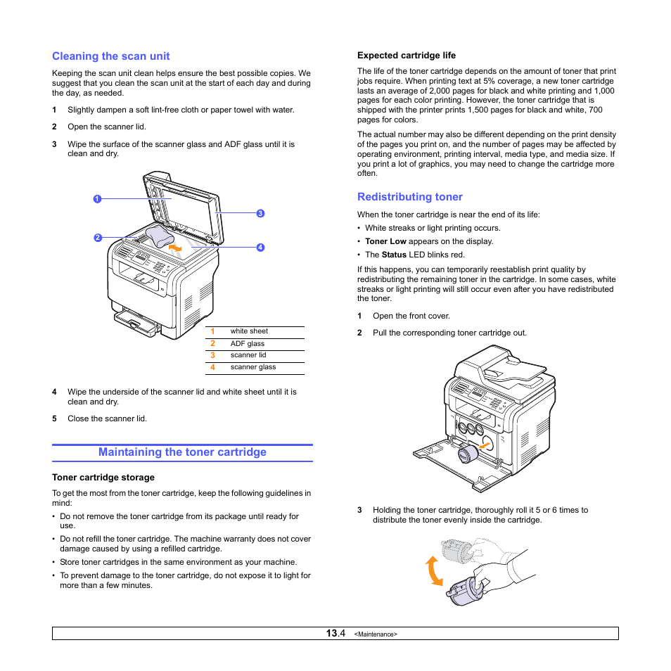 Cleaning the scan unit, Maintaining the toner cartridge, Redistributing toner | Samsung CLX-3160 User Manual | Page 66 / 139