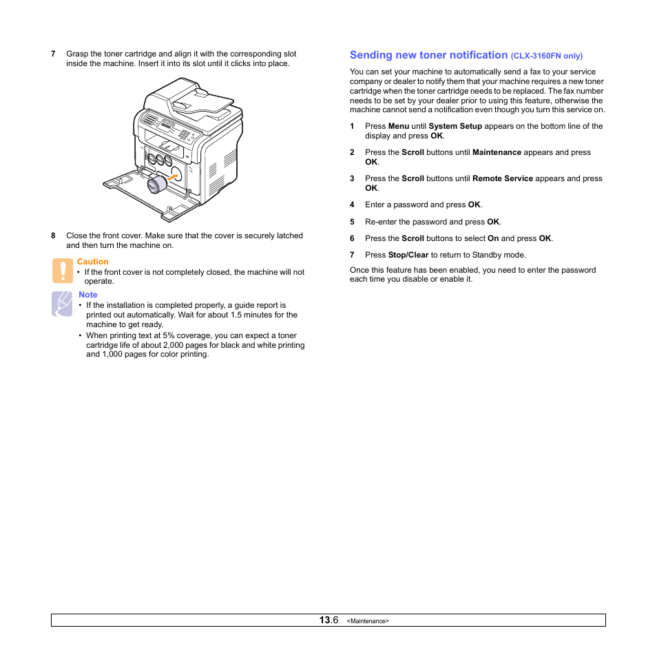 Sending new toner notification (clx-3160fn only), Sending new toner notification | Samsung CLX-3160 User Manual | Page 68 / 139