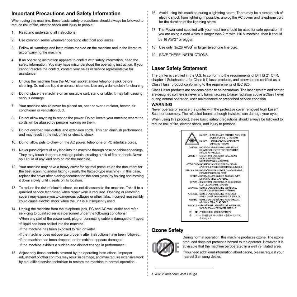 Important precautions and safety information, Laser safety statement, Ozone safety | Samsung CLX-3160 User Manual | Page 7 / 139