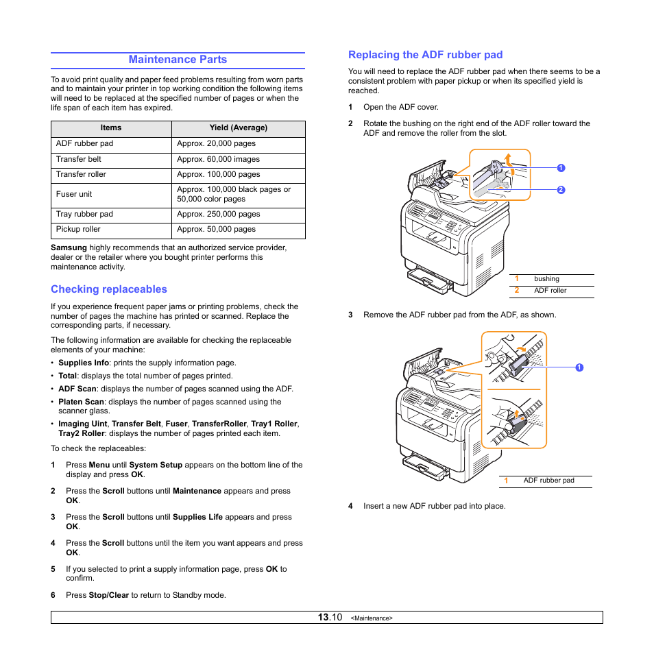 Maintenance parts, Checking replaceables, Replacing the adf rubber pad | Samsung CLX-3160 User Manual | Page 72 / 139