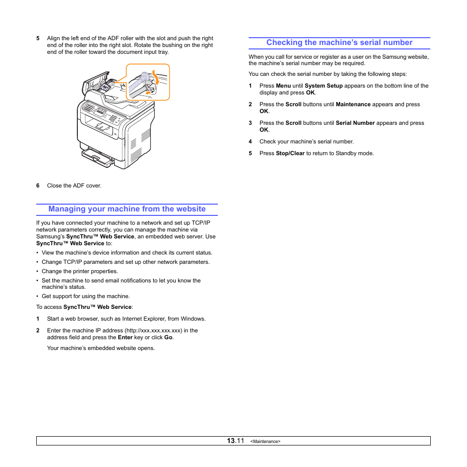 Managing your machine from the website, Checking the machine’s serial number | Samsung CLX-3160 User Manual | Page 73 / 139