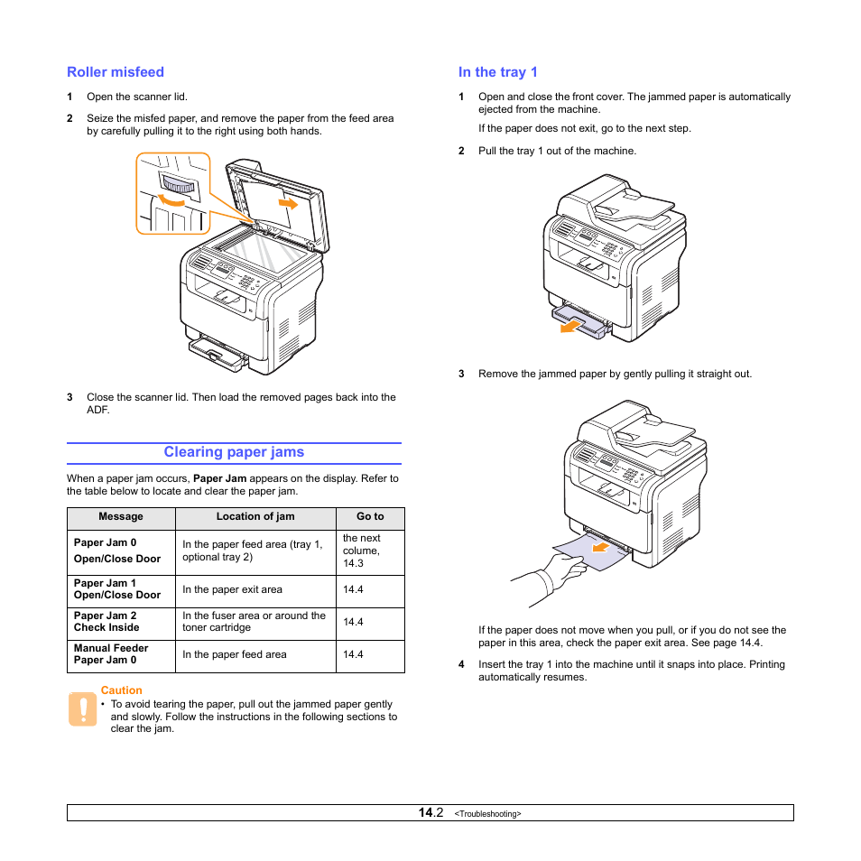 Roller misfeed, Clearing paper jams, In the tray 1 | Samsung CLX-3160 User Manual | Page 75 / 139