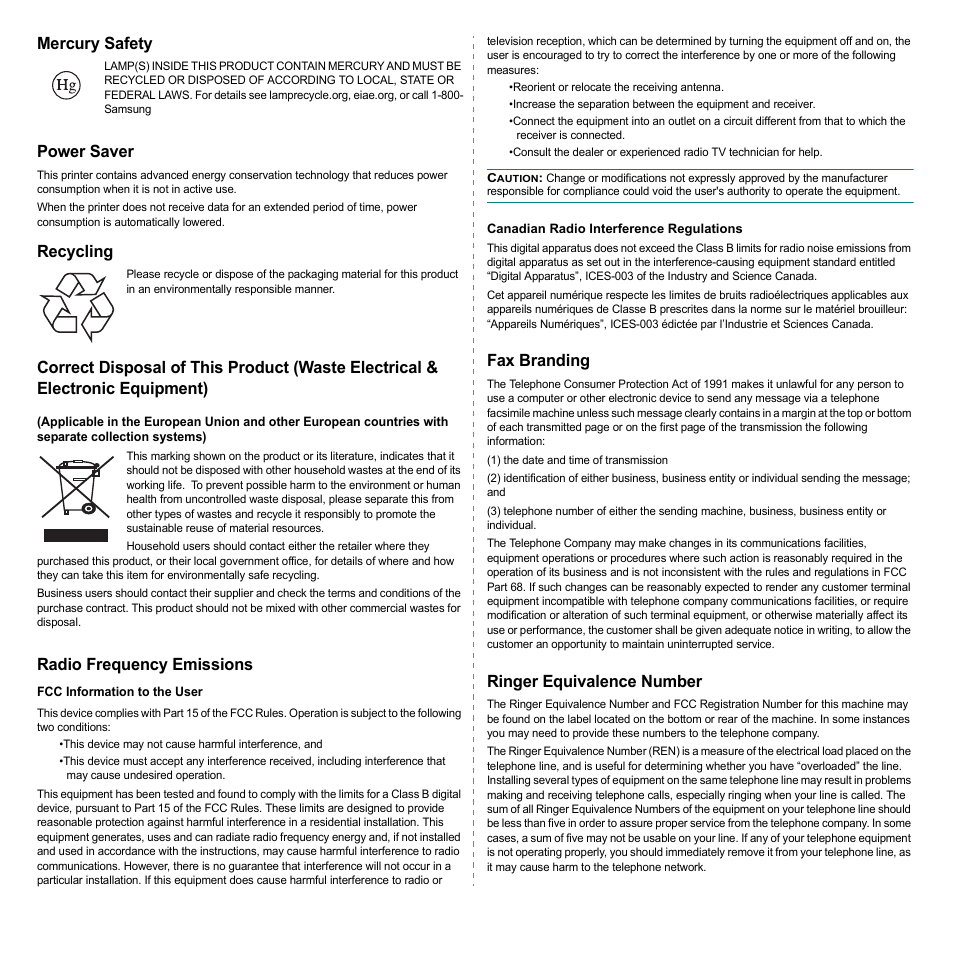 Mercury safety, Power saver, Recycling | Radio frequency emissions, Fax branding, Ringer equivalence number | Samsung CLX-3160 User Manual | Page 8 / 139