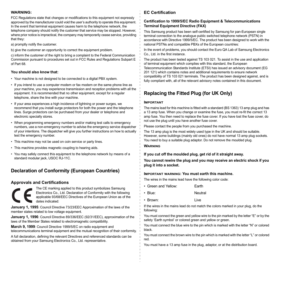 Declaration of conformity (european countries), Replacing the fitted plug (for uk only) | Samsung CLX-3160 User Manual | Page 9 / 139
