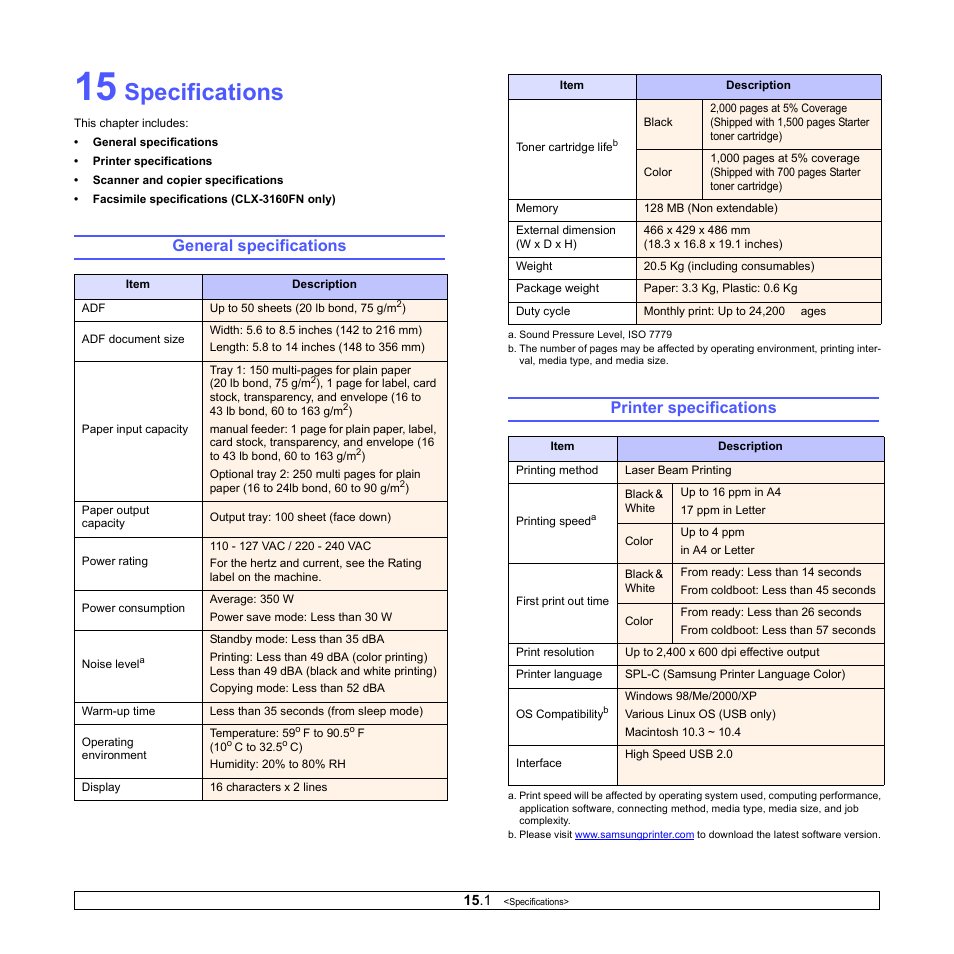 Specifications, General specifications, Printer specifications | General specifications printer specifications | Samsung CLX-3160 User Manual | Page 91 / 139