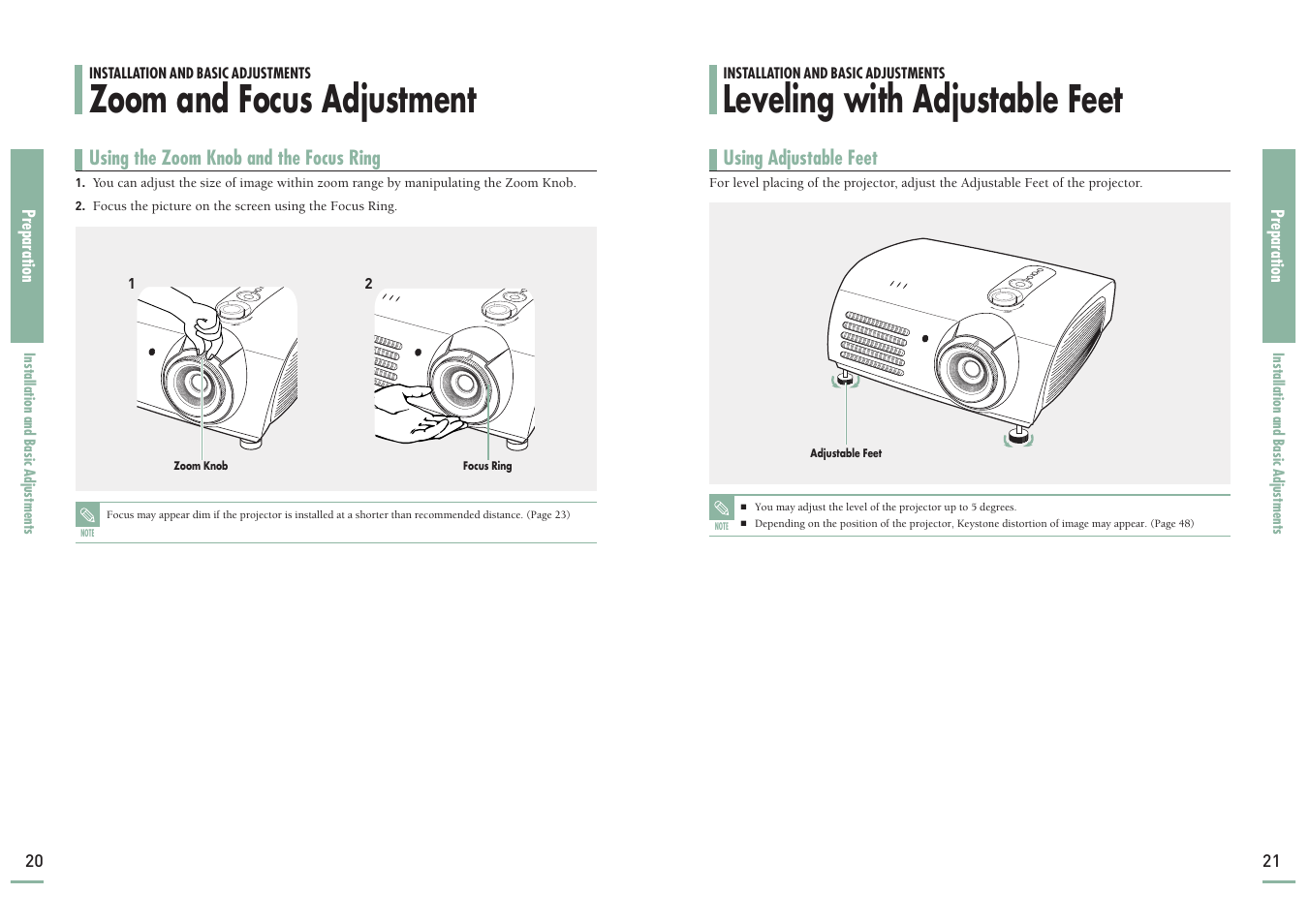 Zoom and focus adjustment, Leveling with adjustable feet | Samsung SP-H700 User Manual | Page 11 / 42
